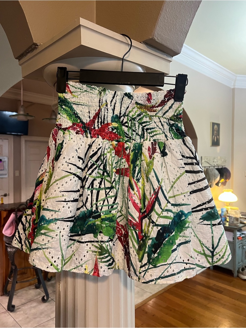 Parker White Tropical-Print Smocked Skater Skirt